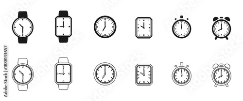 time icon set, watch clock stopwatch alarm clock, vector illustration isolated on white background.