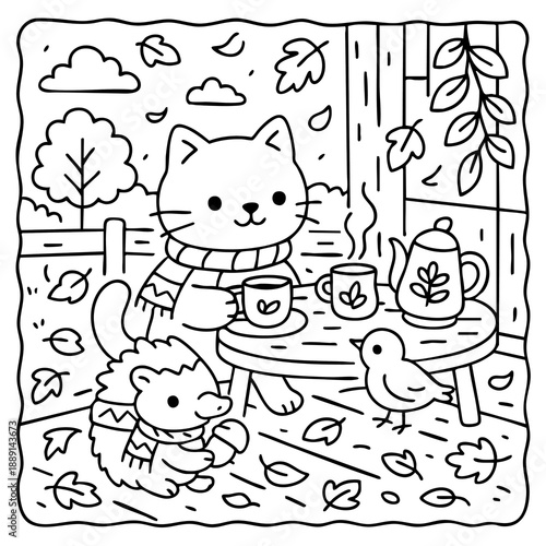 A cozy scene featuring a cat and a hedgehog enjoying tea together outdoors amidst falling leaves and a cheerful bird.