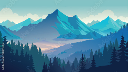 Cold Blue Mountain Landscape with Evergreen Pine Forest and Misty Valley Illustration