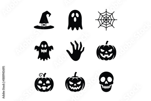 Black Halloween icons including witch hat ghost spider web hand pumpkins and skull