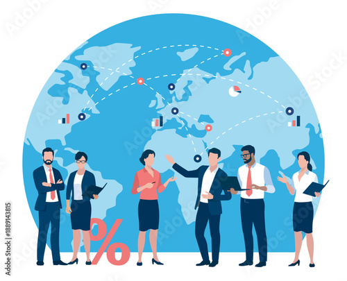 Global business team celebrating success with world map. Growth concept. Vector illustration.