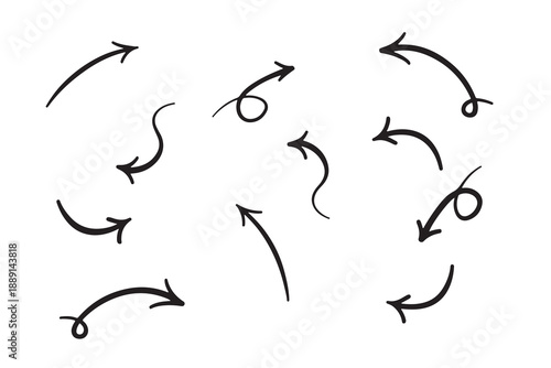 Collection of hand drawn curved arrows on white background vector