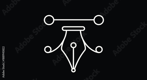 A minimalist white line drawing depicts a unique symbol resembling a fountain pen with circles
