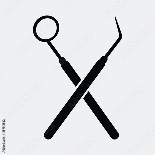 Professional dentist essential medical instruments crossed dental mirror explorer silhouette vector illustration