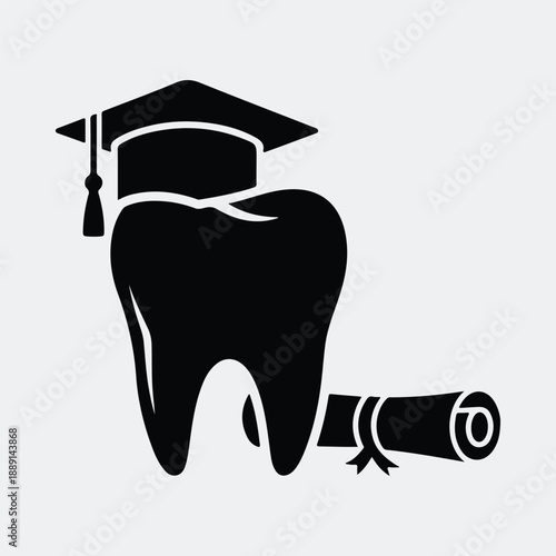Professional dental tooth with graduation cap and diploma scroll silhouette vector illustration