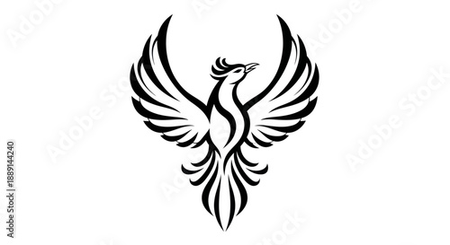 Stylized phoenix illustration soaring high with wings spread wide on white
