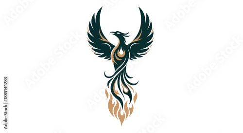Stylized phoenix illustration soaring with wings outstretched on white background