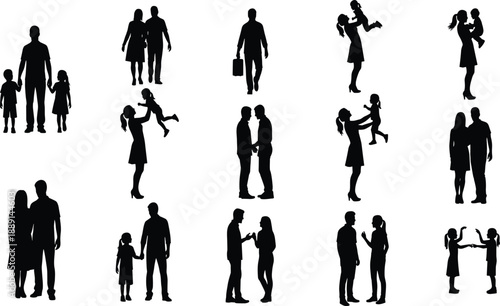 Collection, of, black, silhouettes, featuring, families, parents, and, children, in, various, poses, including, hugging, walking, playing, and, interacting, for, lifestyle.