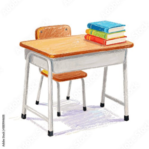 crayon drawing of School desk with 3 books on top