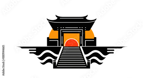 Stylized illustration of an asian architectural structure with sunset