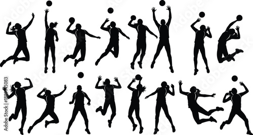 Collection, of, black, silhouettes, featuring, female, volleyball, players, in, action, poses, including, serving, jumping, spiking, blocking, and, hitting, the, ball.