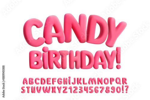 3D inflatable pink red balloon font, candy-like bubble letters. Chubby childish typography for holiday poster, birthday design and sweet graphics. Trendy playful kids stickers, bright abc render