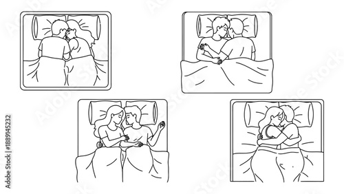 Various couple positions in bed sleeping resting cuddling vector illustration representing intimacy, love, and relationship bonding, bedtime moments.