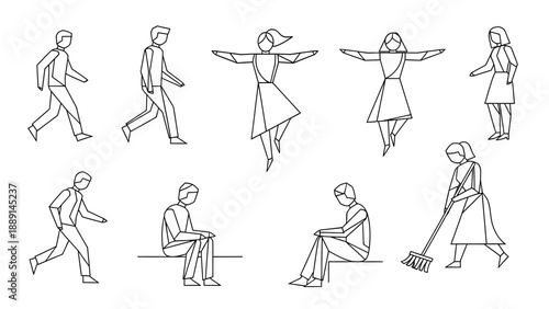 Stylized human figures in different poses, walking, sitting, sweeping arms spread for various actions and activities black lines vector.