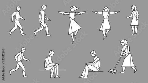 Stylized geometric people set with various poses and activities including walking, dancing, sitting, and cleaning at a simple gray background.
