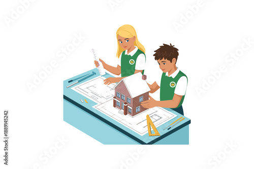 Architects working on house blueprint with building model on table construction design