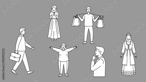 Diverse cartoon people doing activities like walking, carrying bags, and greeting, while featuring neutral expressions with light outline.