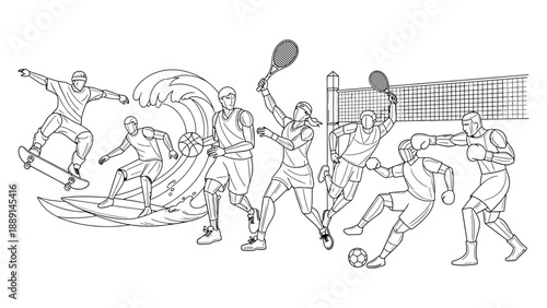 Line art collection of people doing different sports, illustration, skateboard, surfer, basketball, tennis, volleyball, soccer, and boxing sketches.