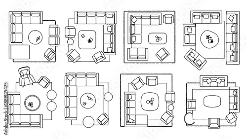Top view plan set for different room layouts, furniture arrangement, couch, chair, table, lounge space, living area design, home interior concept.