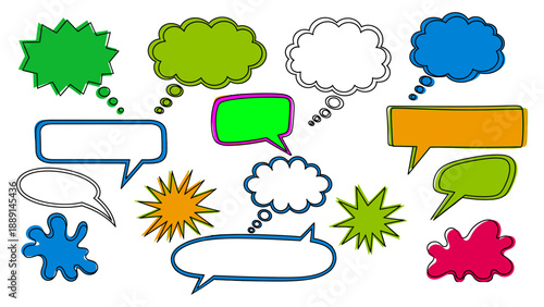 Cartoon speech bubble with different shapes and colors illustration, comic message, empty balloon, thought cloud, and communication bubble template.