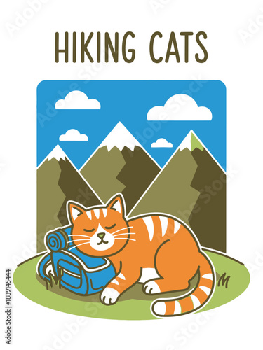 Cartoon cat sleeping with hiking backpack in mountains landscape.