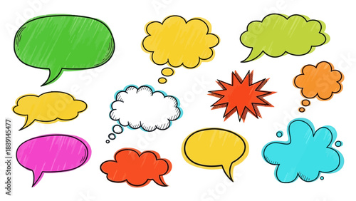 Set of cartoon speech bubbles with different shapes and colors, illustration, comic message, empty balloon, and communication bubble templates.