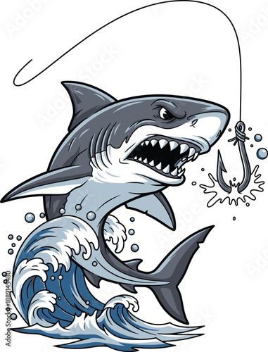 Cartoon shark jumping out of the ocean with a fishing hook in its mouth.