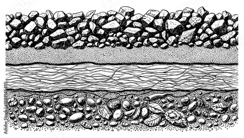Soil layers underground cross-section illustration, stone, sand, gravel, water, and soil texture of earth, geological nature concept design.