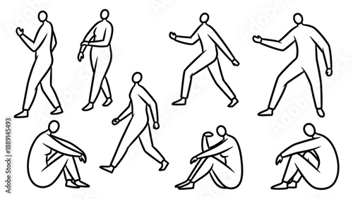 Stick figure people seamless transparent pattern drawing for architectural plan layouts and designs showing various walking, sitting, and thinking human poses.