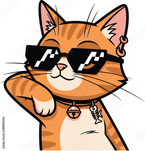 Cool cartoon cat wearing sunglasses and a collar with a name tag.