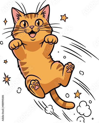 A cartoon orange tabby cat jumping in mid-air with a joyful expression.