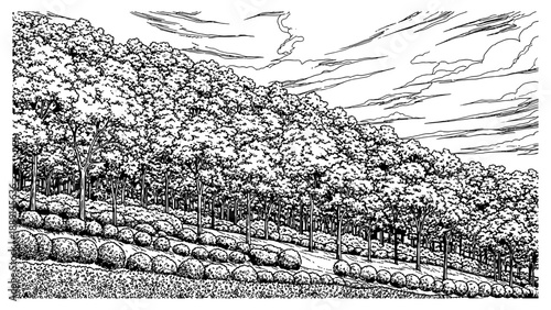 Beautiful landscape black and white illustration of forest on a mountain slope with trees, sky, and bushes, detailed hand-drawn vector.