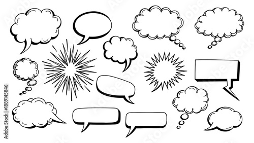 Set of black and white hand-drawn comic speech bubbles, thought balloons, vector illustration for advertisement and marketing on a transparent background.