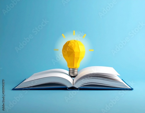 A creative shot depicting a brightly lit yellow polygonal lightbulb above an open book against a solid blue background