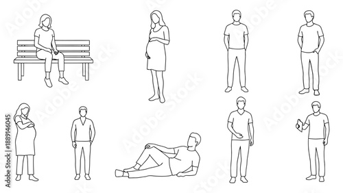 People crowd line art style, including a man lying down pregnant woman standing, and a woman sitting on a bench with a transparent background vector file.