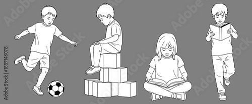 Children in various activities, playing with a soccer ball and toys, sitting, reading a book, line art illustration, vector on a gray background.