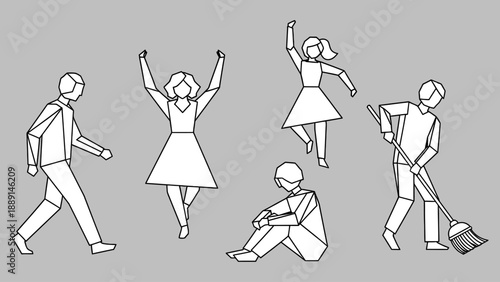 Polygonal people in different poses, illustration vector file isolated on a gray background for minimalist style and various concepts.