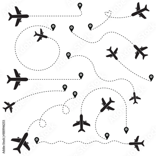 Airplane route pattern with dotted flight paths and location pins. Seamless aviation travel illustration for navigation and journey concepts. Clean minimal vector for transport and tourism design.