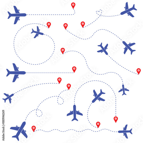 Airplane route pattern with dotted flight paths and red location pins. Aviation travel map illustration for navigation and journey concepts. Clean vector design for transport and tourism projects.