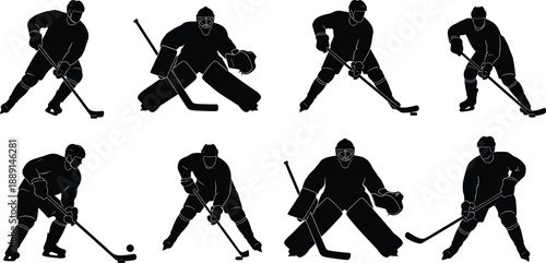 Collection, of, black, silhouettes, featuring, ice, hockey, players, and, goalies, in, action, poses, including, skating, defending, shooting, and, blocking, pucks.