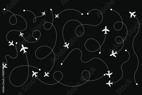 Airplane flight path pattern on a dark background. Curved dotted routes create a seamless aviation travel concept. Clean vector illustration for transport, navigation, and journey themes.