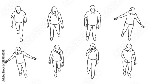 Isometric top view of a man walking forward pose on a transparent background vector illustration art design element in outline style.