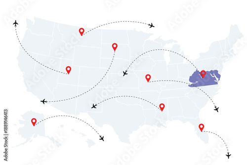 Airplane routes over United States map with location pins. Curved dotted flight paths show air travel connections and navigation flow. Clean vector illustration for logistics, tourism, and aviation co