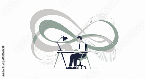 Minimalist Illustration of Man at Desk with Laptop, Chair, and Stylized Infinity Loops