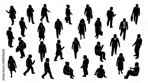 Silhouettes of men and women in different positions and situations in various poses done in vector black and white minimal line art style.