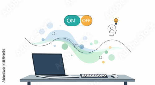 Visualizing the path to achieving Sustainable Focus & Healthy Work Performance, this concept highlights mindful digital productivity and mental well-being in a contemporary work environment