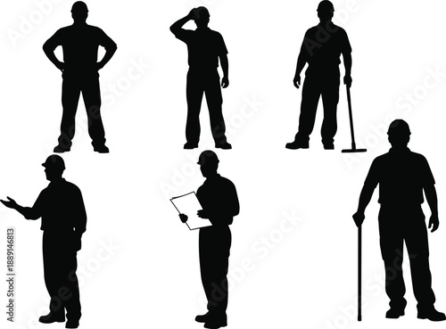 Collection, of, black, silhouettes, featuring, industrial, workers, in, hard, hats, representing, construction, labor, engineering, site, management, safety, staff, and, maintenance.