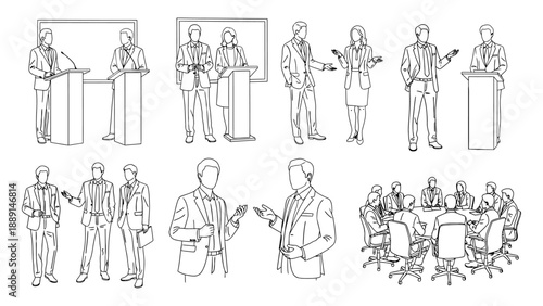 Set of sketches for business people in official suits standing at a podium and communicating with colleagues in various situations.