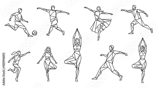 Geometric human figures in motion, polygonal people dancing, kicking, playing soccer, yoga position outline style line art isolated on transparent BG.