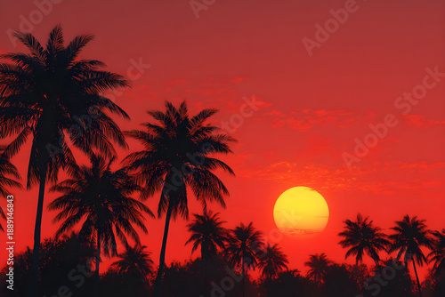 Tropical sunset background with palm trees silhouette against vibrant red sky and setting sun